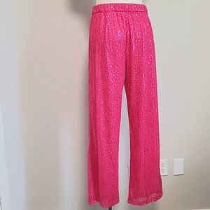 Women's Pink Sparkle Sequin Elastic Waist Wide Leg Pants